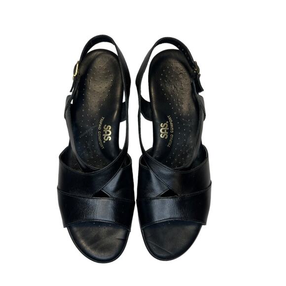 SAS Caress Cross Strap Wedge Sandal Tripad Comfort Leather Black Size 9.5N - Picture 1 of 10